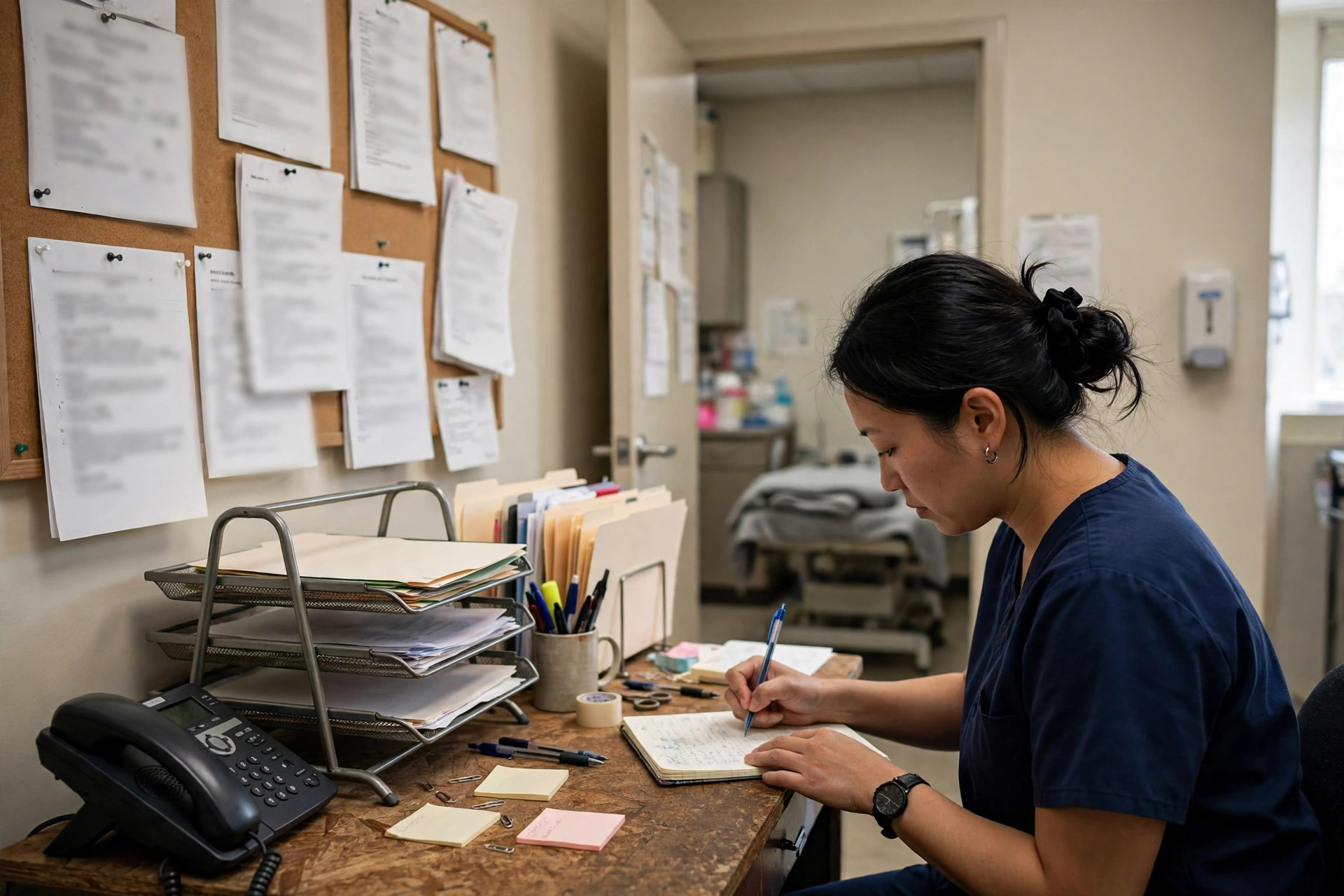 A clinic staff member in scrubs writing notes at a small back-office desk with menus and postings pinned to a corkboard
