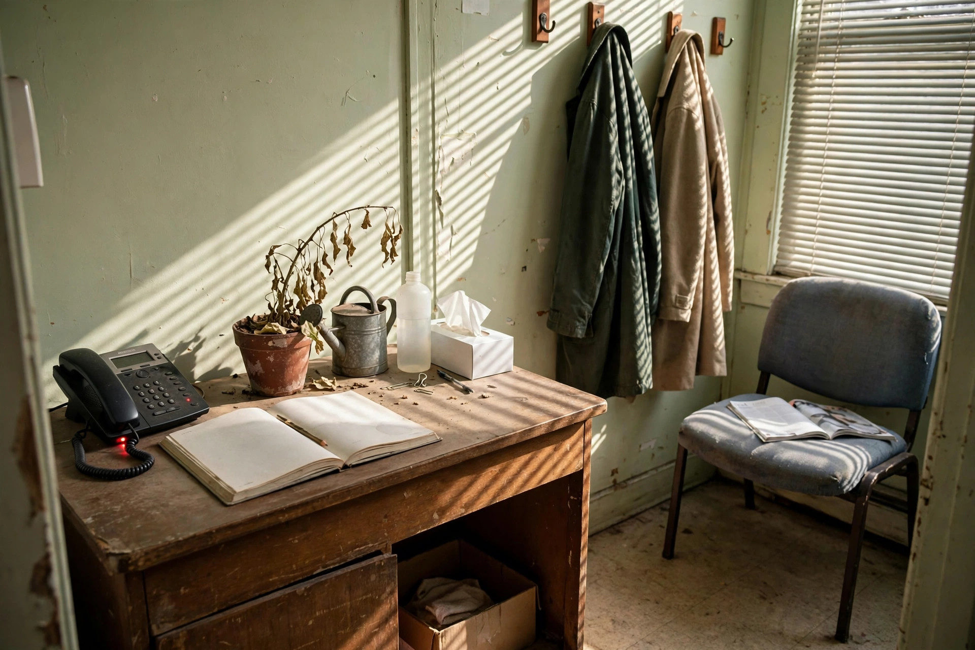 A small clinic reception mid-day with a front desk, appointment book, and waiting chairs