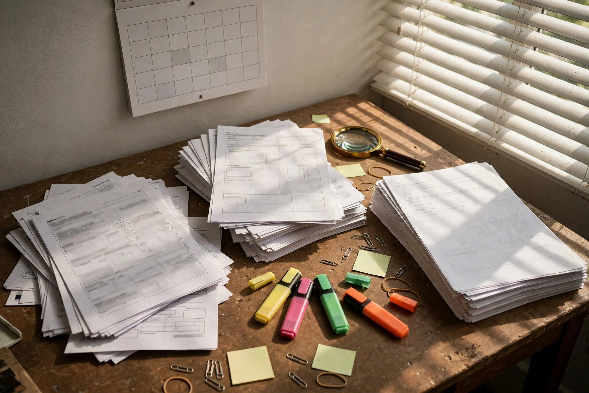 A desk covered in printed clinic menus, job postings, and a registry printout being sorted into piles